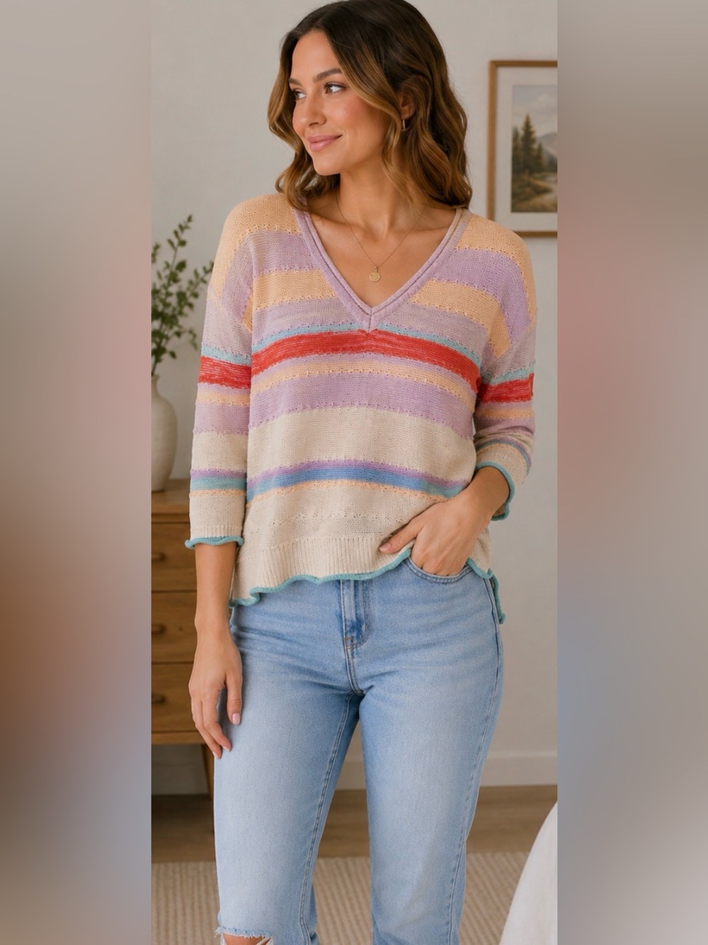 385 Tribal Jeans Multicolor Stripe V-Neck Knit Sweater Medium Hi-Low Lightweight